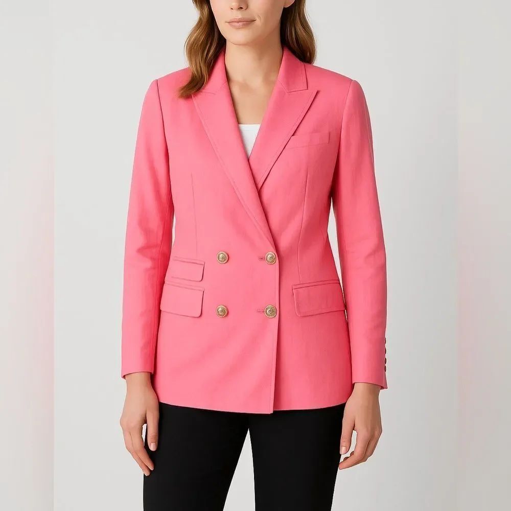 Antonio Melani Pink Linen Blend Double Breasted Blazer Size 2 Gold Button Jacket